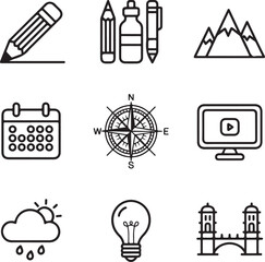 Fototapeta premium Nine minimalist black and white line art icons on white background collection graphic