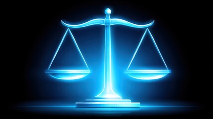 A glowing blue scale symbolizes justice and balance, highlighting themes of fairness and law in a modern, digital style.