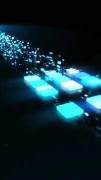 Digital Data Flow: A captivating digital visualization showcasing the swift and seamless movement of data, represented by luminous squares streaming through a sleek, dark pathway, emphasizing speed.