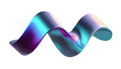 Abstract, vibrant, swirling ribbon shape, iridescent colors.  A dynamic, fluid design with gradient hues of purple, teal, and blue