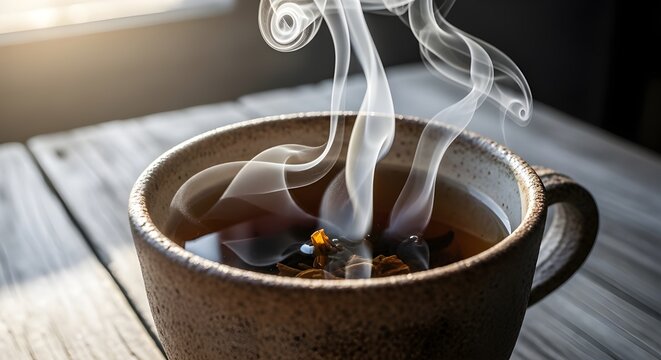 A rustic ceramic mug filled with hot dark coffee, with steam rising against a sunlit window background. The cup sits on a dark wooden surface, creating a cozy and warm atmosphere.