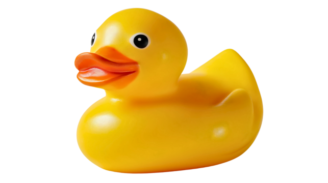A classic yellow rubber duck isolated on a white background, a cute plastic bath toy for children, a squeaky animal object for playing in water, a symbol of childhood fun and bathing time.