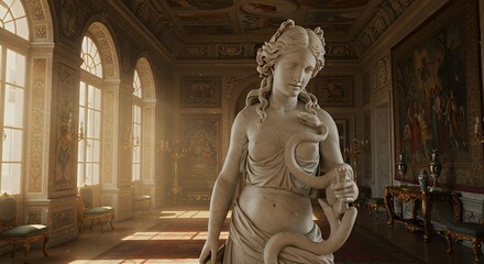 Elegant Marble Statue of a Woman with a Serpent in Luxurious Historical Palace Room