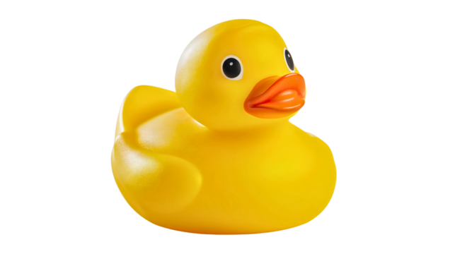 A bright yellow rubber ducky isolated on a plain background, a plastic toy for a bathtub, a cute animal figure for water play, a funny squeaking object for kids, a childhood swimming icon.