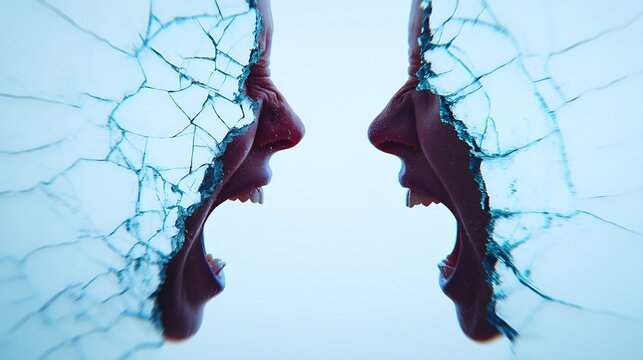 Two distorted faces scream at each other, surrounded by cracks, symbolizing conflict and emotional turmoil.