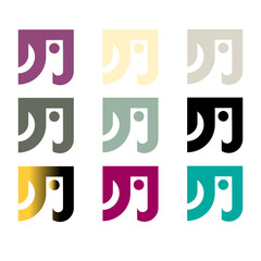 A 3x3 grid of stylized abstract symbols, each featuring a curved form and circular dot within a square background.