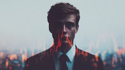 A man in a suit with a digital data overlay, symbolizing finance or technology, against a city backdrop, conveying a sense of modernity and professionalism.