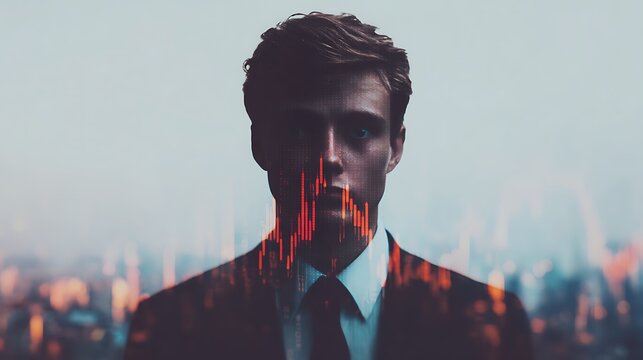 A man in a suit with a digital data overlay, symbolizing finance or technology, against a city backdrop, conveying a sense of modernity and professionalism.