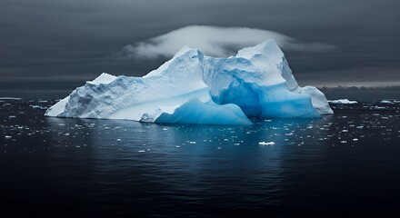 Large Blue Iceberg Floating in Dark Ocean Under Cloudy Sky
