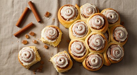 Freshly baked homemade cinnamon rolls with sweet icing, arranged on a linen cloth with cinnamon sticks.