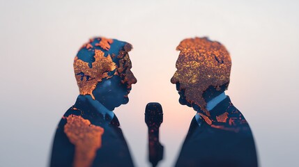 A creative double exposure image showing two profiles with a textured map overlay, suggesting themes of communication and global perspectives.