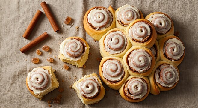 Freshly baked homemade cinnamon rolls with sweet icing, arranged on a linen cloth with cinnamon sticks.