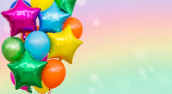 Bright, colorful metallic balloons in star and round shapes create a festive display against a soft pastel rainbow background, ideal for joyful celebrations and happy occasions