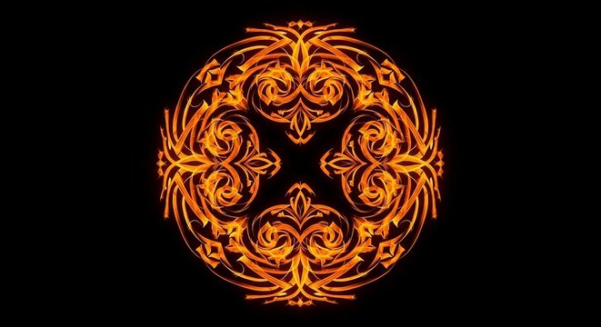 Fiery orange floral pattern in a circular design on a black background