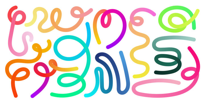 Vibrant gradient lines twist into rainbow swirls forming lively abstract ribbons. Dynamic curves and organic waves create playful 3D flow perfect for modern posters celebrating bright color and motion