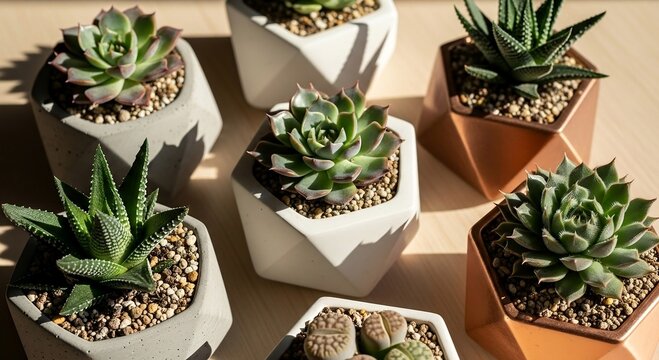 Top-down view of various small succulent plants in modern, geometric concrete and terra-cotta planters, arranged on a bright wooden surface. Perfect for home decor or gardening. - Powered by Adobe