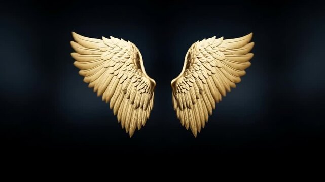 Golden wings with detailed feathers spread symmetrically against a dark background, symbolizing freedom and transcendence