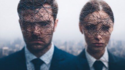 Abstract representation of two serious individuals with intricate patterns overlaying their faces, symbolizing complexity and modernity in human emotion.