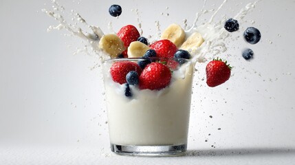 Fresh fruit salad with yogurt, featuring strawberries, blueberries, and banana splashing in a glass.