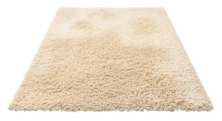Plush beige shaggy rug with frayed edges and soft texture isolated on a transparent background carpet