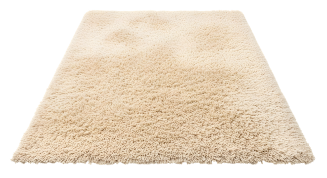 Plush beige shaggy rug with frayed edges and soft texture isolated on a transparent background carpet