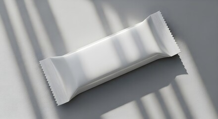 Blank white flow pack mockup on a gray surface with sunlight shadows for branding and packaging design