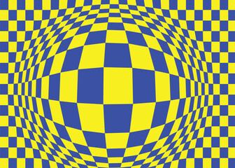 Distorted checkered pattern in yellow and blue colors.