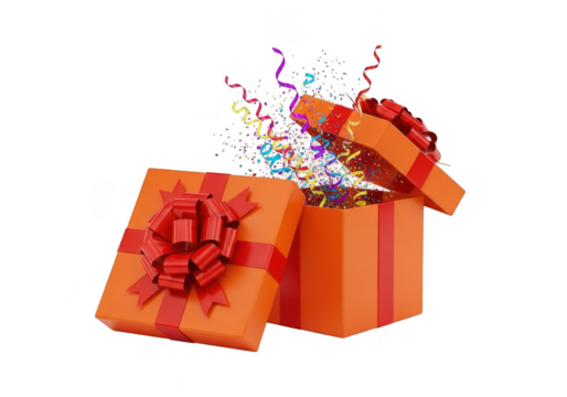 Orange gift box with red bow and confetti, isolated on transparent background