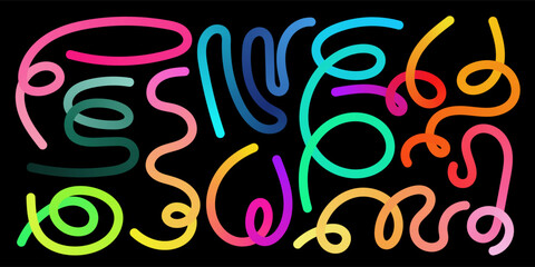 Neon rainbow doodles and gradient ribbons create bold abstract waves. Dynamic lines and bright brushstroke curves form lively pattern perfect for posters, creative graphic and modern colourful layout