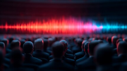 A crowd of people is silhouetted against a colorful audio wave graphic, suggesting themes of sound and communication in a dynamic setting.