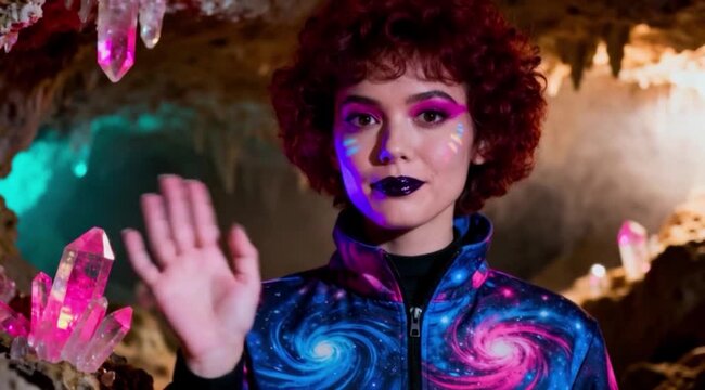 Mulher vibrante com make colorida acenando para camera