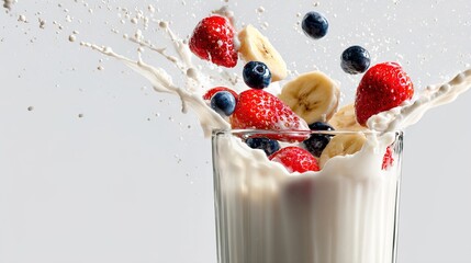 Fresh fruit splash: strawberries, blueberries, and bananas in creamy milk.
