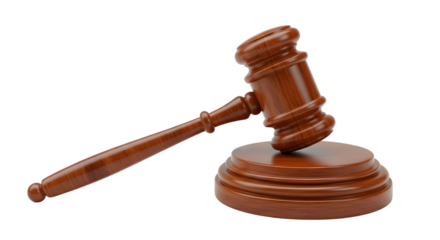 Polished wooden gavel and sounding block with rich wood grain texture isolated on a transparent background