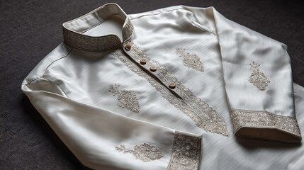 Close up of a white kurta with embroidery and buttons on a dark surface showing the collar detail