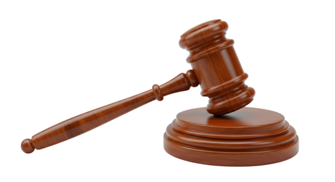 Polished wooden gavel and sounding block with rich wood grain texture isolated on a transparent background