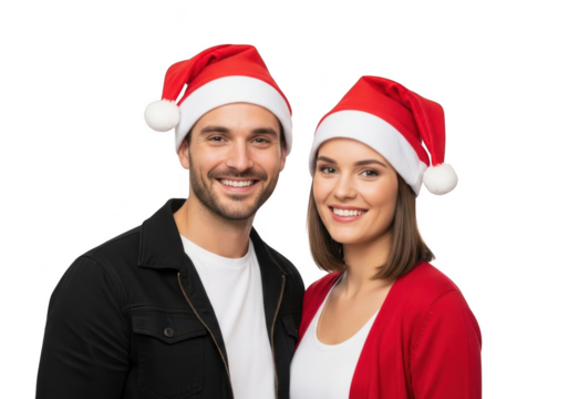 Couple wearing santa hats isolated on transparent background