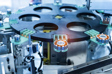 copper coils inside electric motor,Rotor of electric motor with Robotic and Automation system...