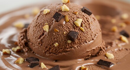 Chocolate Ice Cream Scoop with Nuts and Chocolate Chips on Plate