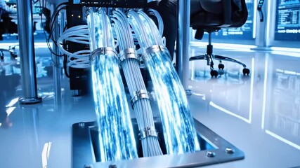 A person at a desk in a high-tech room, surrounded by computer displays and network cables - Powered by Adobe