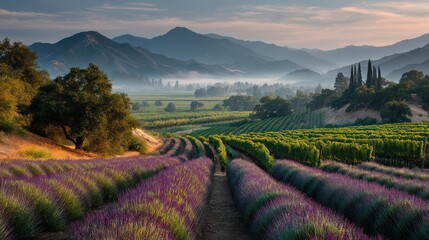 Vast lavender field and vineyard rows with misty mountains at sunrise. Serene agricultural landscape and picturesque scenery.