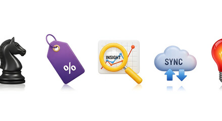 A set of business concept icons including strategy sales insight sync and ideas.