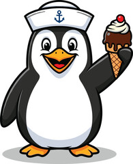 Cute cartoon penguin sailor character wearing hat, holding chocolate ice cream cone, funny mascot vector illustration isolated on white background.