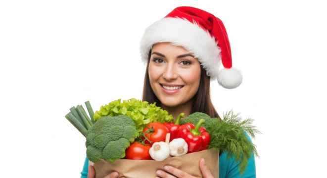 Woman in santa hat holding bag of fresh vegetables, isolated on transparent background - Powered by Adobe