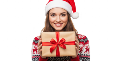 Woman in santa hat holding a christmas gift isolated on transparent background