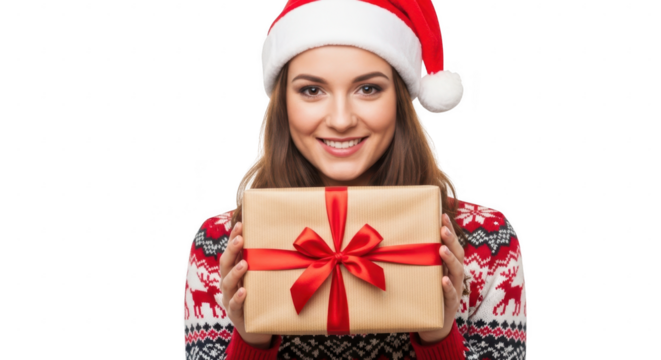 Woman in santa hat holding a christmas gift isolated on transparent background