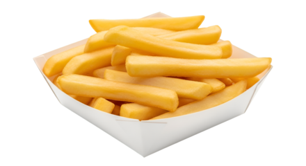 French Fries in White Paper Container Isolated on Black Keywords: french fries, chips, fried