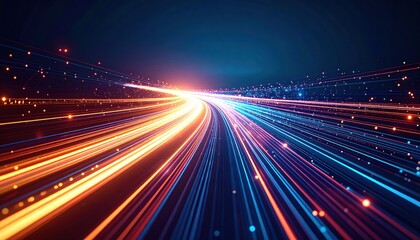 Abstract Neon Light Trails on Dark Blue Background with Bokeh