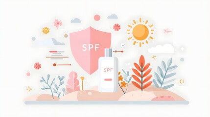 Obraz premium graphic symbolizing sun protection featuring a sunscreen bottle SPF shield stylized plants flowers and a bright sun promoting skincare and outdoor safety