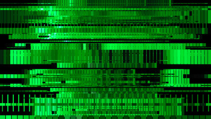 Abstract technology dark green background with random glitch effect, distortion texture for design concepts, wallpapers, presentations, posters, covers, prints and web. Vector illustration.