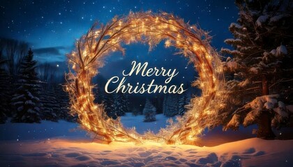 Elegant Merry Christmas Wreath Illuminating Snowy Winter Wonderland